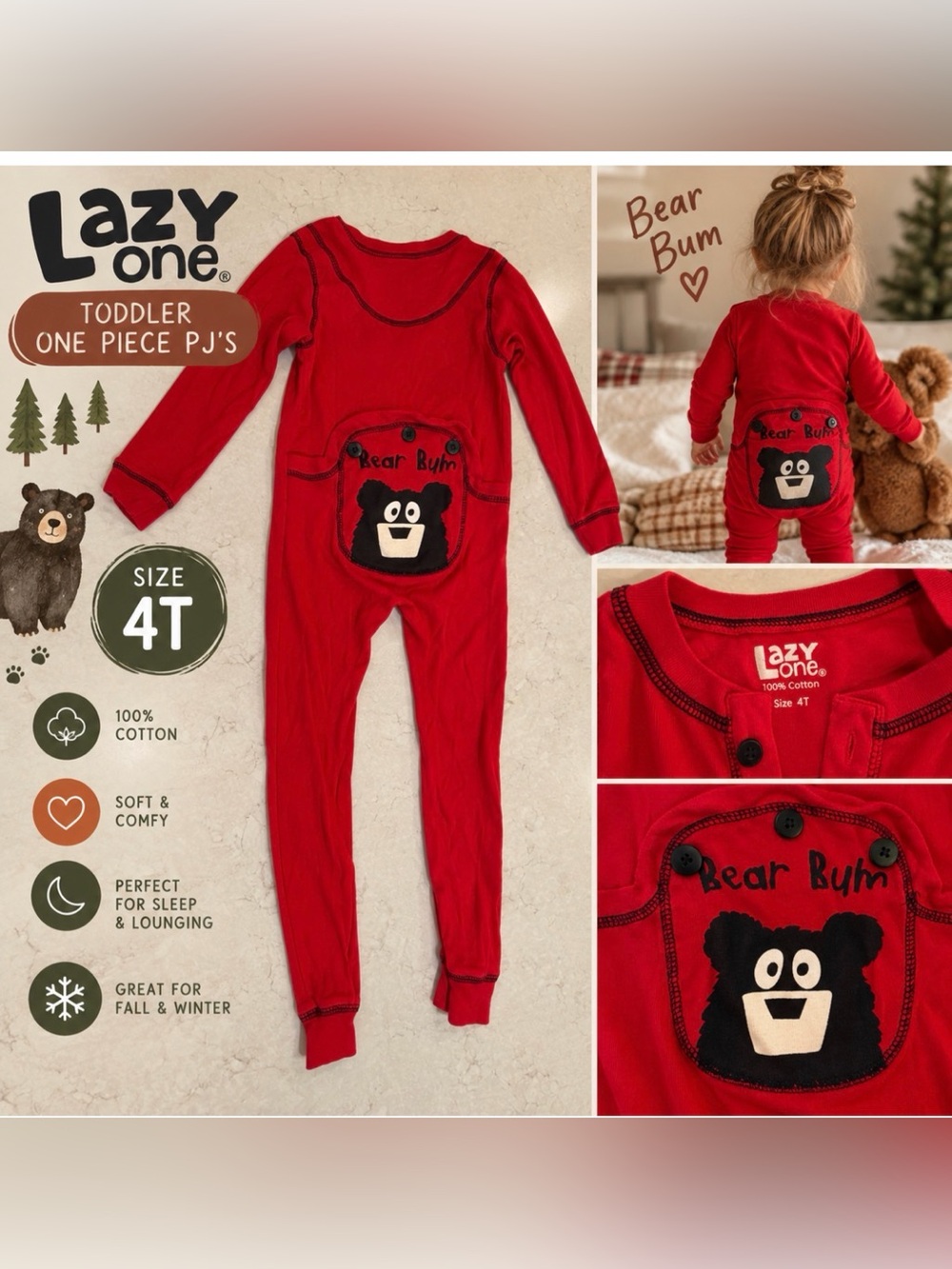 🐻 Lazy One “Bear Bum” One-Piece Toddler Pajamas – 4T